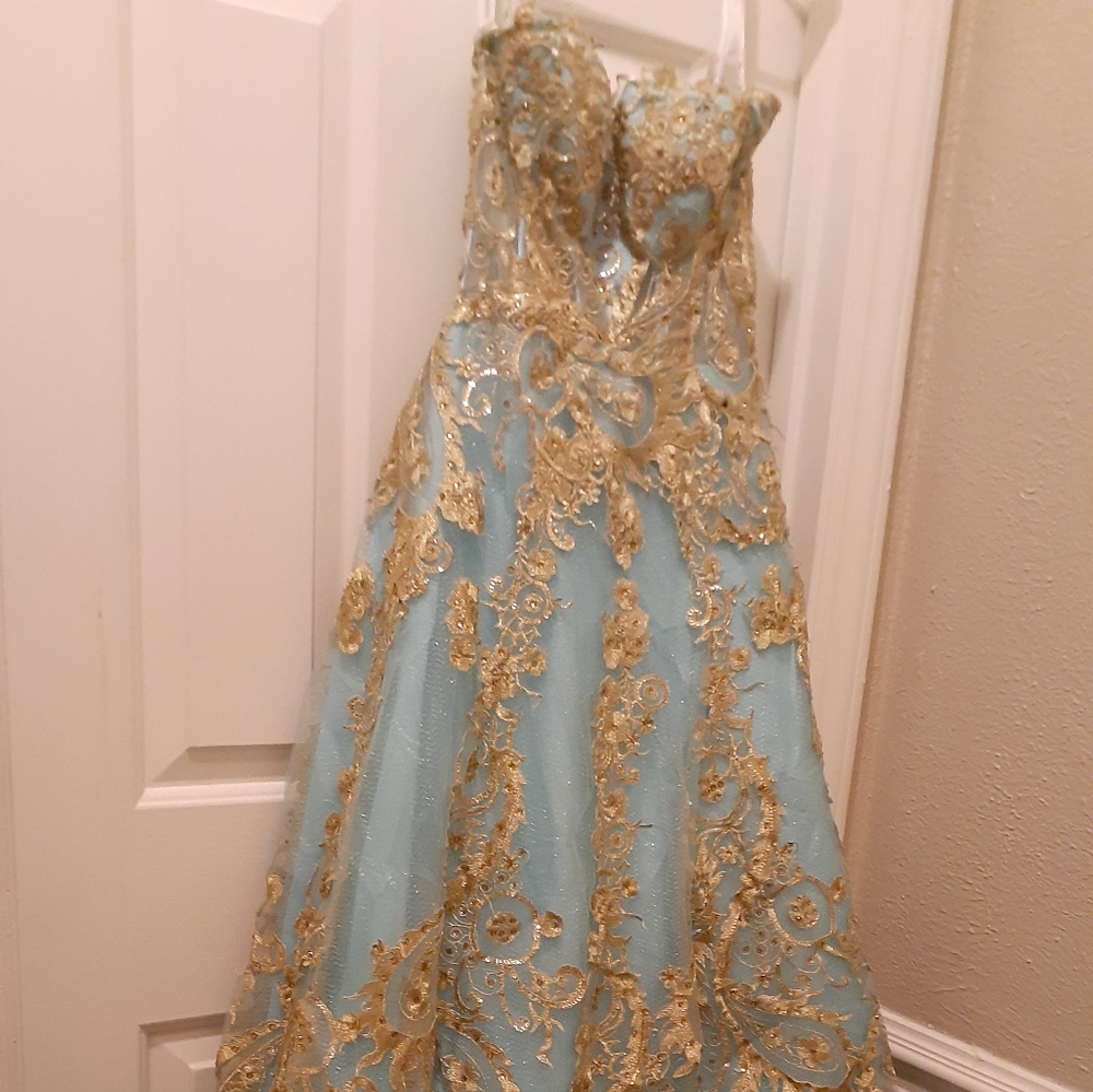 Aqua/Gold color ball gown. Prom dress | bridesmade